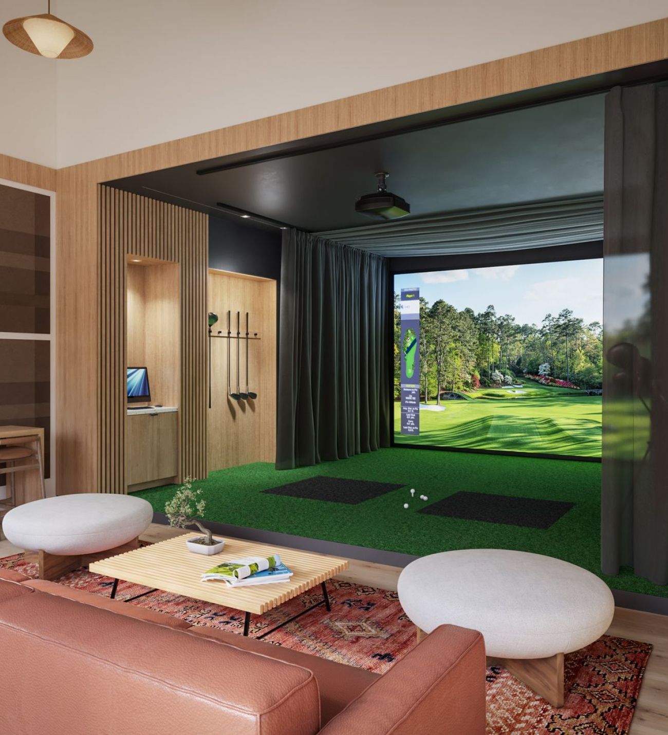 The Oslo A golf-themed room featuring a television and a comfortable couch for relaxation and entertainment.